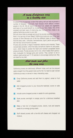 Enjoy healthy meals with deliciously different California prunes / Family Heart Association ... California Prune Press Office.