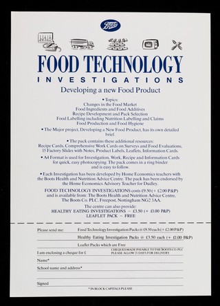 Food technology investigations : developing a new food product / Boots Health and Nutrition Advice Centre.
