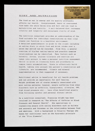 Diet and nutrition / Françoise Wright.
