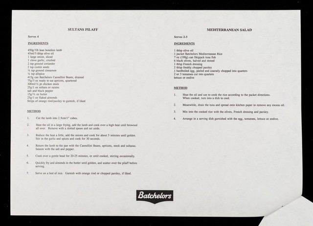 Mediterranean menu plan / Batchelors Nutritional Advice Centre.