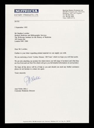 Nutricia Dietary Products Ltd. : Nutricia Dietary Products Ltd., 494-496 Honeypot Lane, Stanmore, Middlesex HA7 1JH... [letterhead].