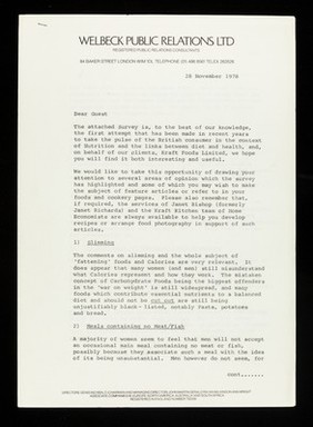 Dear guest : the attached survey is, to the best of our knowledge, the first attempt that has been made in recent years to take the pulse of the British consumer in the context of Nutrition and the links between diet and health... / J.D. da Casa.