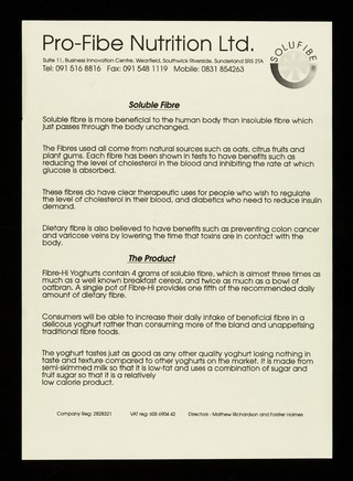 Company background / Pro-Fibe Nutrition Ltd.