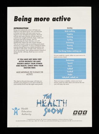 Healthy lifestyle progress charts : healthy eating, being more active, stopping smoking made easier / Health Education Authority, The Health Show, BBC.