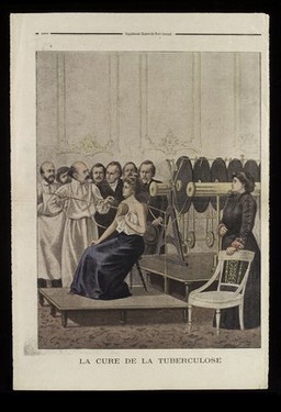 Francisque Crôtte applying his electrical remedy for tuberculosis to a seated woman. Colour process print, 1901.