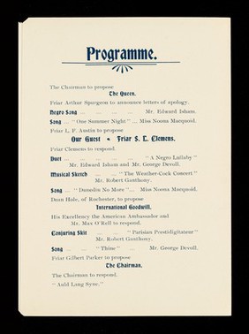 Complimentary dinner to Mark Twain : Victoria Hall, Hotel Cecil, Friday June 16th, 1899 / Whitefriars Club.