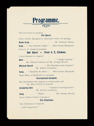 Complimentary dinner to Mark Twain : Victoria Hall, Hotel Cecil, Friday June 16th, 1899 / Whitefriars Club.