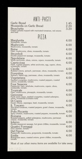 Any pizza to go £4.00 / ASK.