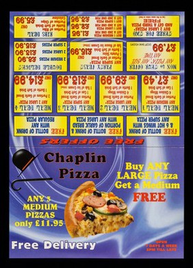 Buy any large pizza, get a medium free : any 3 medium pizzas only £11.95 : free delivery / Chaplin Pizza.