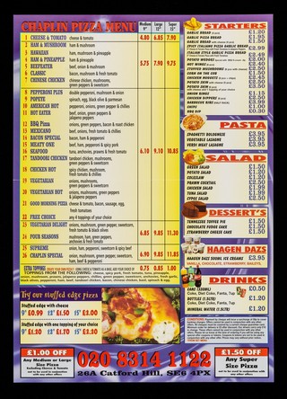 Buy any large pizza, get a medium free : any 3 medium pizzas only £11.95 : free delivery / Chaplin Pizza.