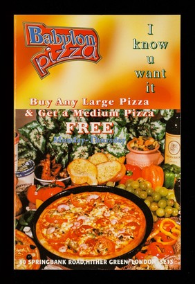 I know u want it : buy any large pizza & get a medium pizza free, Monday-Thursday / Babylon Pizza.
