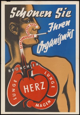 A woman smoking a cigarette, showing the route through which the smoke passes to the heart and lungs, as a warning against smoking. Colour lithograph, ca. 1940.