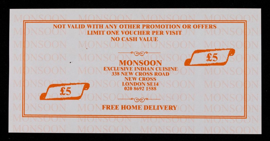 £5 off curry voucher : to redeem £5.00 order over £20.00 delivery or collection / Monsoon.