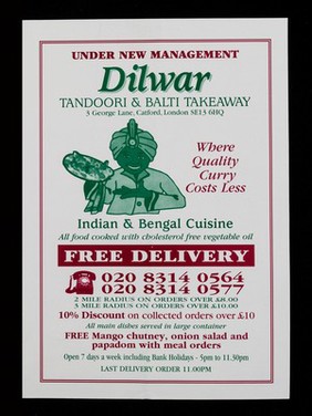 Where quality curry costs less : Indian & Bengal cuisine : all food cooked with cholesterol free vegetable oil : free delivery / Dilwar Tandoori & Balti Takeaway.