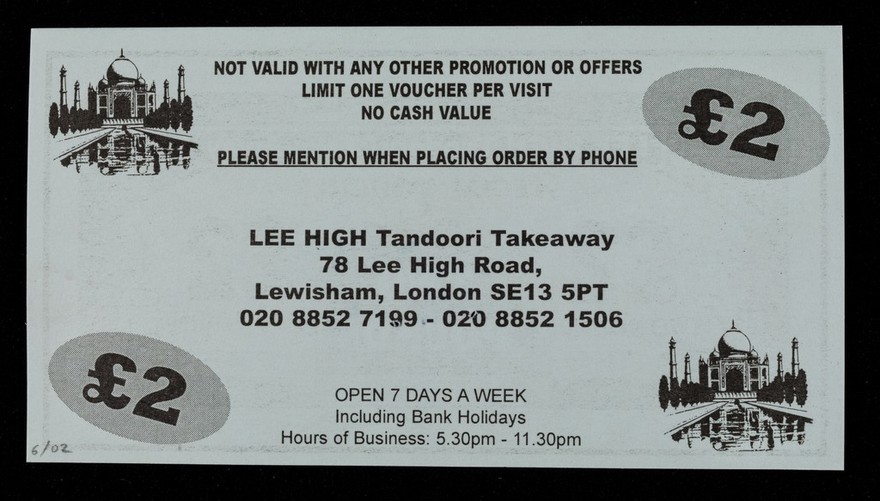 Special voucher : two pounds / Lee High Tandoori Takeaway.