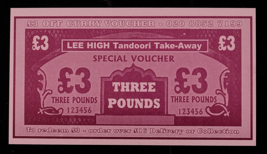 Special voucher : three pounds / Lee High Tandoori Takeaway.
