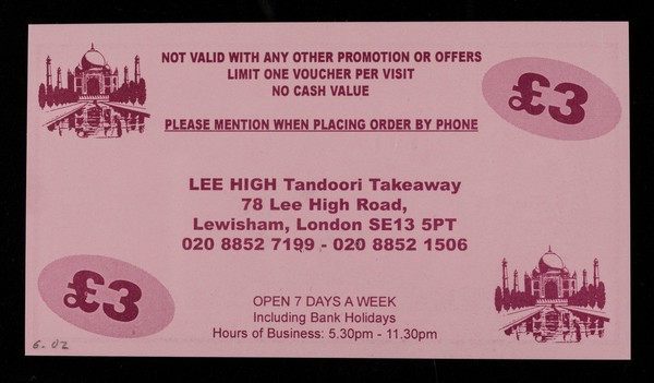 Special voucher : three pounds / Lee High Tandoori Takeaway.