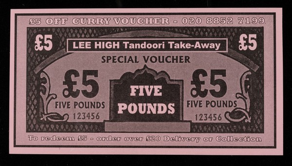 Special voucher : five pounds / Lee High Tandoori Takeaway.