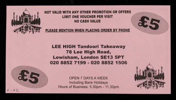 Special voucher : five pounds / Lee High Tandoori Takeaway.