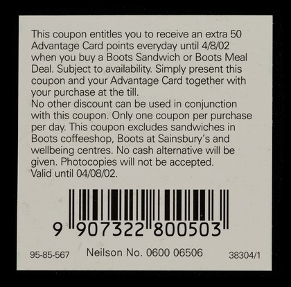 50 extra points everyday on your Advantage Card every time you buy a Boots sandwich or a Boots Meal Deal this week... / Boots.