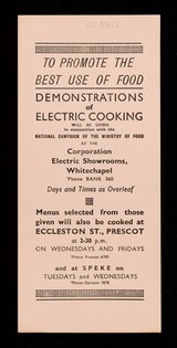 To promote the best use of food : demonstrations of electric cooking will be given in conjunction with the National Campaign Of The Ministry Of Food at the Corporation Electric Showrooms, Whitechapel... / Liverpool Corporation Electric Supply Department.