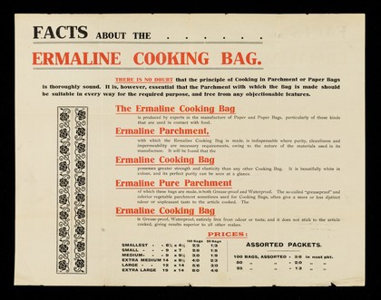 The Ermaline cooking bag : made from pure vegetable parchment, guaranteed tasteless and odourless / manufactured solely by C. Davidson & Sons, Ltd.