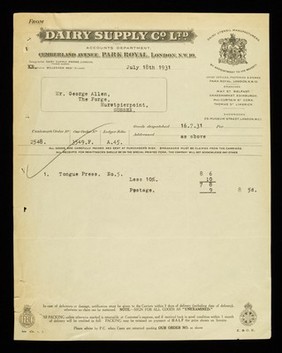 From Dairy Supply Co. Ltd accounts department : Cumberland Avenue, Park Royal, London, N.W.10.