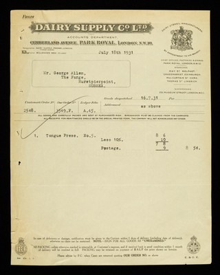 From Dairy Supply Co. Ltd accounts department : Cumberland Avenue, Park Royal, London, N.W.10.