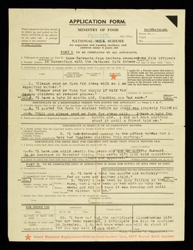 Application form... : National milk scheme for expectant and nursing mothers, and children under 5 years old / Ministry of Food.