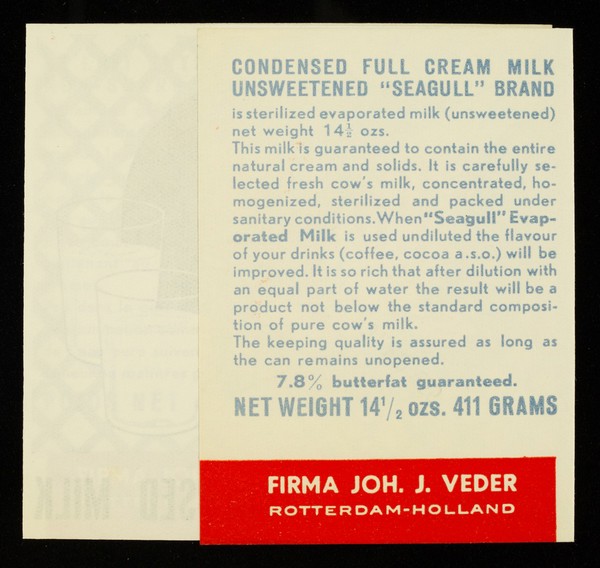 Seagull brand unsweetened condensed milk / Firma Joh. J. Veder.