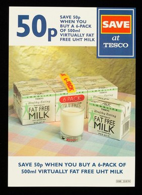 50p : save 50p when you buy a 6-pack of 500ml virtually fat free UHT milk : save at Tesco / Tesco.