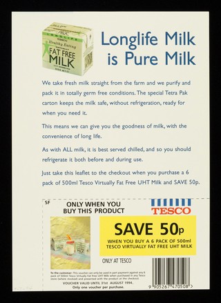 50p : save 50p when you buy a 6-pack of 500ml virtually fat free UHT milk : save at Tesco / Tesco.