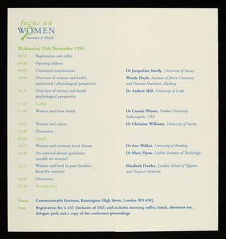 Focus on women : nutrition & health : a one-day conference : Commonwealth Institute, Kensington High Street, London W8 6NQ : Wednesday 15th November 1995 / National Dairy Council.