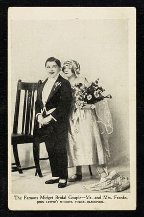 The famous midget bridal couple : Mr. and Mrs. Franks. : John Lester's Midgets, Tower, Blackpool.