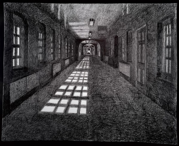 High Royds Hospital, Menston, Ilkley, Yorkshire: a corridor. Pencil drawing by Paul Digby, 2003-2004.