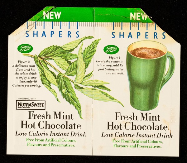 Fresh mint hot chocolate low calorie instant drink : free from artificial colours, flavours and preservatives / The Boots Company PLC.