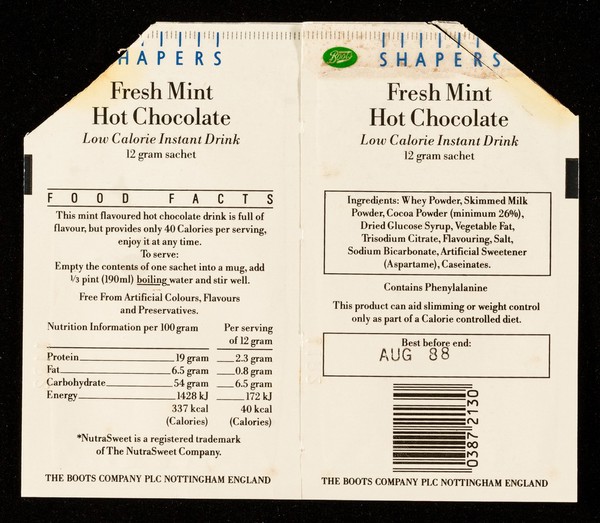Fresh mint hot chocolate low calorie instant drink : free from artificial colours, flavours and preservatives / The Boots Company PLC.
