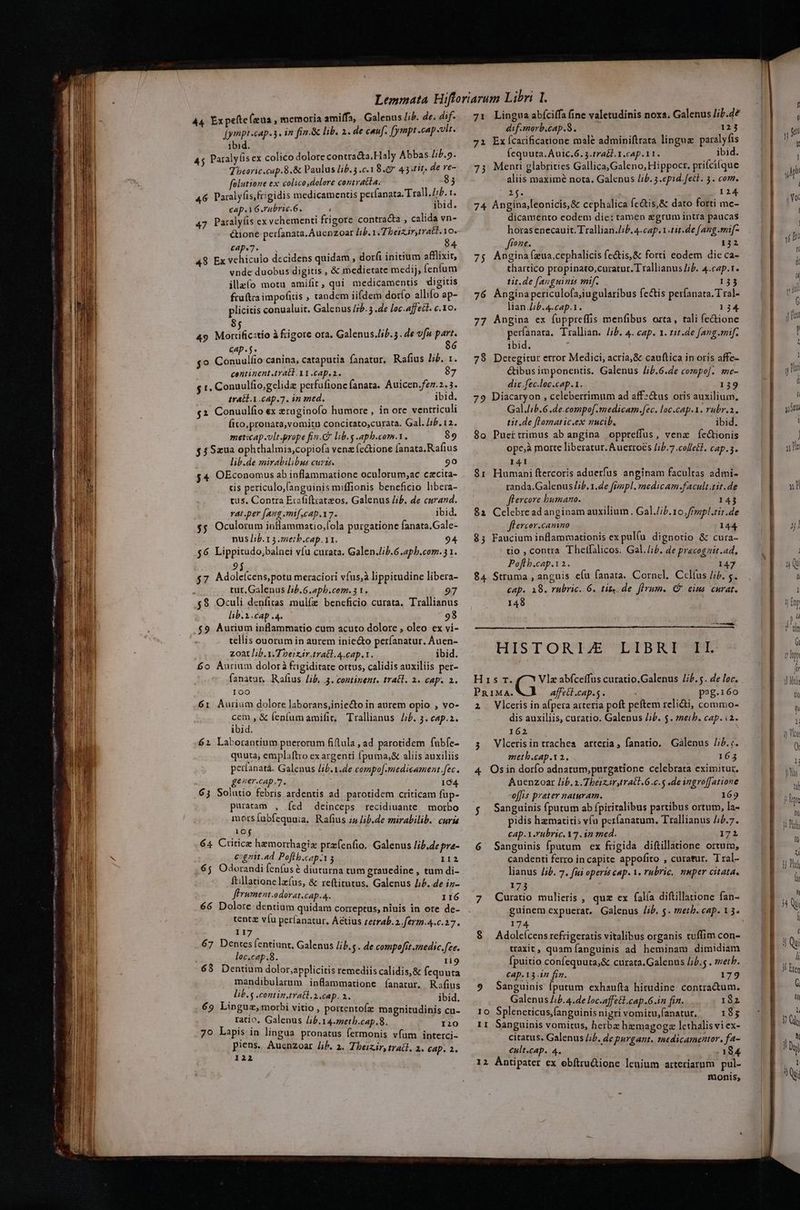 WC Tro ssa Sep SC mtt om mmt 44. Expefte(aua , memoria amiffa, Galenus Jib. de. dif- fympt cap. , in fin.&amp; lib. 2. de c«uf. [ympt cap vlt. ibid. 45 Paraly(is ex colico dolote contra&amp;a.Haly Abbas /iP.9. Theoric.cap.8.&amp; Paulus lib. 3 .c.18.7 43.tit. de re- folutione ex colico,dolore contrata. 83 46 Paralyis,frigidis medicamentis peifanata. T rall. //£. Í cap. 6.rabric.6. ; : ibid. 47 Paraly(is ex vehementi frigore contracta , calida vn- Quone perfanata.Auenzoar lib. T herz ir,tratl.io. Rp. Y i 49 Ex vehiculo decidens quidam , dor(i initium afflixit, vnde duobus digitis , &amp; medietate medij, fenfum illeí(o motu amifit, qui medicamentis digitis fruftra impofitis , tandem iifdem dorío allifo ap- plicitis conualuit. Galenus /$. 5 .de loc.affeit. c.10. $ 49 Mdcificido à frigore ora. Galenus.lib.5. de vfu part. cap. j. 86 go Conuulfio canina, cataputia fanatur. Rafius lib. 1. continent tratl. Y1.cap.z. 87 jt Conuulfio;gelidz perfufionc fanata. Auicen.fzz.2. 3. trall. A .cap.7. in med. ibid. $a Conuulfio ex s&amp;ruginofo humore , in orc ventriculi fito, pronata,vomitu concitato,curata. Gal. /;b.12. metxcap vlt.prope fin.G lib.g -aph.com.1. $9 $$5zua ophthalmis,copiofa venz (e&amp;tione fanata.Rafius lib.de mirabilibus curis. 90 $4 OEconomus ab inflammatione oculorum,;ac caecita- cds periculo,fanguinis miffionis beneficio libera- tis. Contra Erafiftrateos, Galenus /ib. de curand. rat.per [aug mif.cap.17- ibid. $5 Oculorum intlammatio,[ola purgatione fanata.Gale- nus J;b.1 3 znetb.cap.11. 94 $6 Lippitudo,balnei vfu curata. Galen.Jib.6.apb.com. 31. 9j $7 Adoleícens,potu meraciori víus;à lippitudine libera- tur.Galenus Jib. 6. apb.com. 3 1. 59 Oculi denfitas mulíe beneficio curata, Trallianus lib.1.cap .4. 98 $9 Aurium inflammatio cum acuto dolore , oleo ex vi- tellis ouorum in aurem inie&amp;o perfanatur. Auen- zoat lib. 1. Tverzar.tratt. 4.cap.1. ibid. £o Aurium dolorà frigiditate ortus, calidis auxiliis per- fanatur. Rafítus Jib. 3. continent. tratl. a. cap. 2. IOO 61 Aurium dolore laborans,iniecto in aurem opio , vo- cem , &amp; lenfum amifir, Trallianus. Jb. 3. cap.2. ibid. 62 Laborantium puerorum fiftula , ad parotidem fubfe- quura, emplaftro ex argenti fpuma,&amp; aliis auxiliis períanata. Galenus Jib.1.de compo[-medicament fec. ge^er.cap.7. 1O4 65 Solutio febris ardentis ad parotidem criticam fup- puratam , fed deinceps recidiuante | morbo morsíubfequuia. Rafius za l;b.de emirabilib. curis loj ; 64 Critic hemorrhagi przfenfio. Galenus lib. de pra- cgzit.ad Poftb.cap.13 I12 65 Odorandi fenfus diuturna tum grauedine , tum di- ftillatione lz(us, &amp; reftitutus. Galenus bb. de iz- fPrument.odorat.cap.a. I16 66 Dolore dentium quidam correptus, niuis in ore de- tentz víu períanatur, Actius tetrab. 2. ferm.4.c.27. 117 67 Dentes fentiunt, Galenus lib.s . de compof[it.;medic.fee. loc.cap.8. 119 68 Dentium dolor,;applicitis remediis calidis, &amp; fequuta mandibularum inflammatione íanatur. Rafius lib.s contin .tratl.2.cap. 2. ibid. 69 Lingue, morbi vitio , portentoíz magnitudinis cu- ratio, Galenus L/b.14.metb.cap.8. I20 79 Lapis in lingua pronatus fermonis vfum interci- piens, Auenzoar Jib. 2. Theizir, tratl. 2. cap. a. 122 71 Lingua abíciffa (ine valetudinis noxa. Galenus /;ib.d? dif.morb.cap.S. 123 7i Ex carificatione malé adminiftrara lingua paralyfis (equuta.Auic.6. 3.tra&amp;l. 1.cap.11. ibid. 73 Menti glabrities Gallica,Galeno, Hippocr. prifci(que aliis maximé nota. Galenus lib. 5.epid. fett. 5. com. 21$. 124 74 Angina,leonicis,&amp; cephalica fe&amp;is,&amp; dato forti me- dicamento eodem die: tamen segrum intra paucas horasenecauit. Trallian./iP. 4.cap. 1 .tit.de fang .mif- fione. 132 75 Angina f(zua,cephalicis fe&amp;tis,&amp; forti eodem die ca- thartico propinato,curatur. Trallianus lib. 4.cap.1. tit.de fanguini mif. 133 76 Anginapericulofa;iugularibus fectis perfanata.Tral- lian.Zib.4-cap.1. 134. 77 Angina ex fuppreffis menfibus orta, tali fe&amp;ione períanata. Trallian. /ib. 4. cap. 1. tit.de fang.mif. ibid. 798 Detegitur etror Medici, acria, &amp; cauflica in oris affe- &amp;ibus imponentis. Galenus /i£.6.de compof. me- dic .fec.loc.cap.1. 139 79 Diacaryon , celeberrimum ad affs&amp;us oris auxilium, Gal.lib.6 .de.compof-:medicam.fec. loc.cap.1. rubr.a. tit.de flomatic.ex nucib. ibid. 8o Pucttrimus ab angina oppreffus, vena íc&amp;tionis ope;à morte liberatur. Auerroes /ib.7 collect. cap.5. 141 $1 Humani ftercoris aduerfus anginam facultas admi- randa.Galenus lib. 1.de finpl. »nedicam.facult.tit.de flercore bumano. 143 82 Celebreadanginam auxilium. Gal.lib. 10, ffozpl.tir.de flercor.canino 144 85 Faucium inflammationis expul(u dignotio &amp; cura- tio, contra Thetfalicos. Gal./;£. de pracogzit.ad, Pofl b.cap.12. 147 84 Struma , anguis c(u fanata. Cornel, Cclfus Iib. s. cap. 18. rubric. 6. tit, de ferum. C eius. curat. 148 — Ü ——À HISTORTJE DIBDRTPOIDE Hrs r. (1s abfceffus curatio.Galenus li. 5. de loc. PniMa. Affect .cap. s. i p2g.16o 2 Vlceris in afpera arteria poft peftem reli&amp;i, commo- dis auxiliis, curatio. Galenus /ib. 5. meth. cap. i2. I3. Vlcerisin trachea arteria, fanatio. Galenus /;/b.r. meth.cap.t12. 163 4 Osin dorfo adnatum,purgatione celebrata eximitur, Auenzoar Iib. 2.7 beiz.ir,tratl.G.c.$ de ingroffatione -ofhis preter naturam. 169 $. Sanguinis fputum ab fpiritalibus partibus ortum, la- pidis hamatitis vía perfanatum, Trallianus //5.7. cap. Y.rubric. 17.32 med. 172 6 Sanguinis fputum ex frigida diftillatione ortum, candenti ferro in capite appofito , curatur, Tral- lianus Jib. 7. füsi operis cap. 1. rubric. nnper citata. 173 ! 7 Curatio mulieris , quz ex falía diftillatione fan- guinem expuerat, Galenus /ib. 5. meth. cap. 13. 174 | 8 Adolcícens refrigeratis vitalibus organis tuffim con- traxit, quam fanguinis ad heminam dimidiam fpuitio confequuta;&amp; curata.Galenus ip. . »eth. CAp.13 1n fin. 179 9 Sanguinis Íputum exhaufta hirudine contractum, Galenus Jib. 4. de loc.affetl.cap.6.in fin. 182 10 Spleneticus;fanguinis nigri vomitu,fanatur. 185 citatus. Galenus /ib. de purgant. medicamentor. fa- eult.cap. 4. 184 12 Antipater ex obftru&amp;tione leuium arteriarum pul- monis, bl