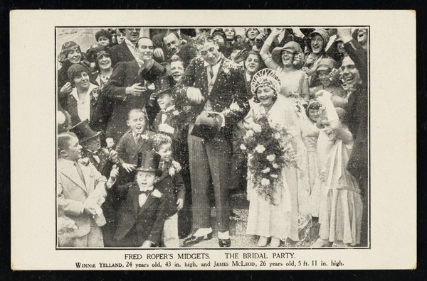 Fred Roper's midgets : the bridal party : Winnie Yelland, 24 years old, 43 in. high and James McLeod, 26 years old, 5ft. 11in. high.