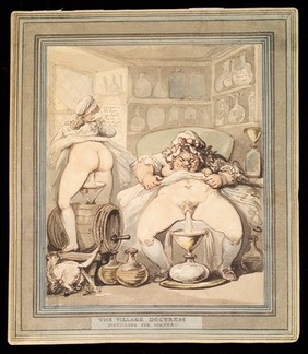 An English rural apothecary's shop in which women apothecaries produce eye-lotion from their own urine. Watercolour by Thomas Rowlandson, ca. 1800 (?).