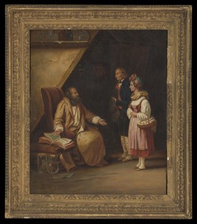 A young couple visit a savant who consults ancient volumes in order to provide counselling to them. Oil painting by Edouard-Henri-Théophile Pingret, 1833 (?).