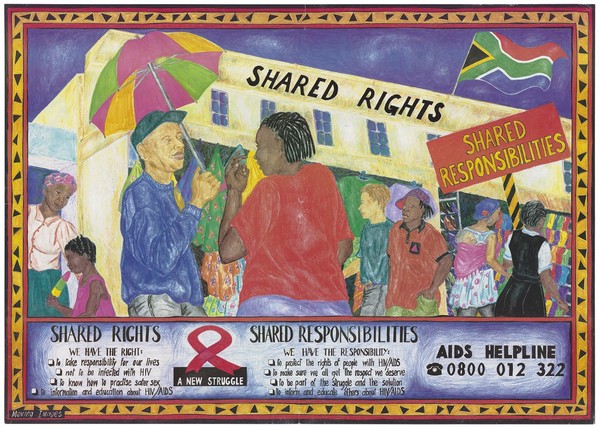 People in a street market in South Africa; representing rights and responsibilities in avoidance and treatment of AIDS. Lithograph after Moving Images, ca. 1996.