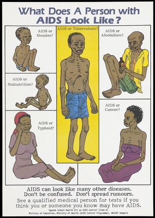 Six ill people in Uganda, with either AIDS or another disease; representing the difficulty of being sure that someone has AIDS. Colour lithograph, ca. 1995 (?).