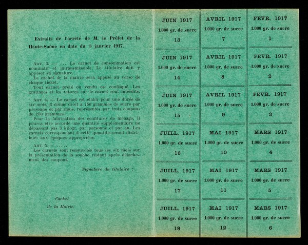Carnet de sucre : année 1917 : valable dans la Commune de / Département de la Haute-Saône.