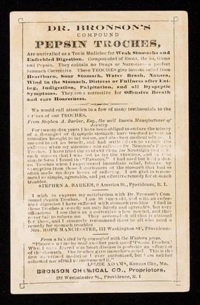 Dr. Bronson's compound pepsin troches / Bronson Chemical Co.