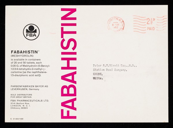 Fabahistin (mebhydrolin) : antihistamine therapy without sedation / Farbenfabriken Bayer AG : sole distributors for Great Britain FBA Pharmaceuticals Ltd.