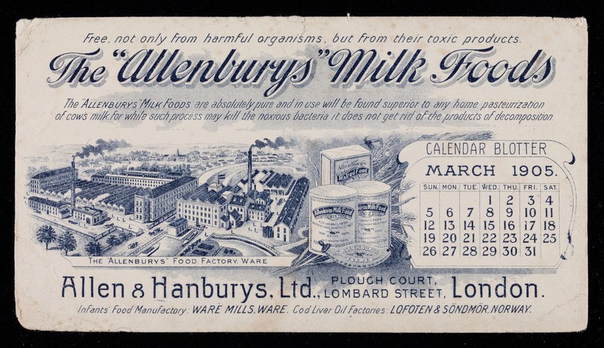 The "Allenburys" Milk Foods : calendar blotter, March 1905 / Allen & Hanburys, Ltd.