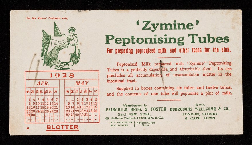 'Zymine' peptonising tubes : for preparing peptonised milk and other foods for the sick / Fairchild Bros. & Foster (Inc) New York.