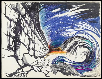 The dream of a patient in Jungian analysis: left, a rocky wall; right a swirling wave; at the end, six people. Drawing by M.A.C.T., 1971.