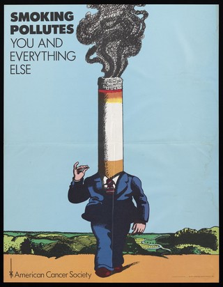 Smoking: a man smoking in the countryside, his head represented as a cigarette which turns into a smoking chimney; representing the polluting effects of smoking. Colour lithograph after M. Glaser, 1973.